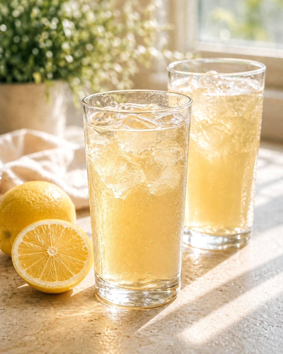Two glasses of iced jun tea with lemon slices on a wooden table