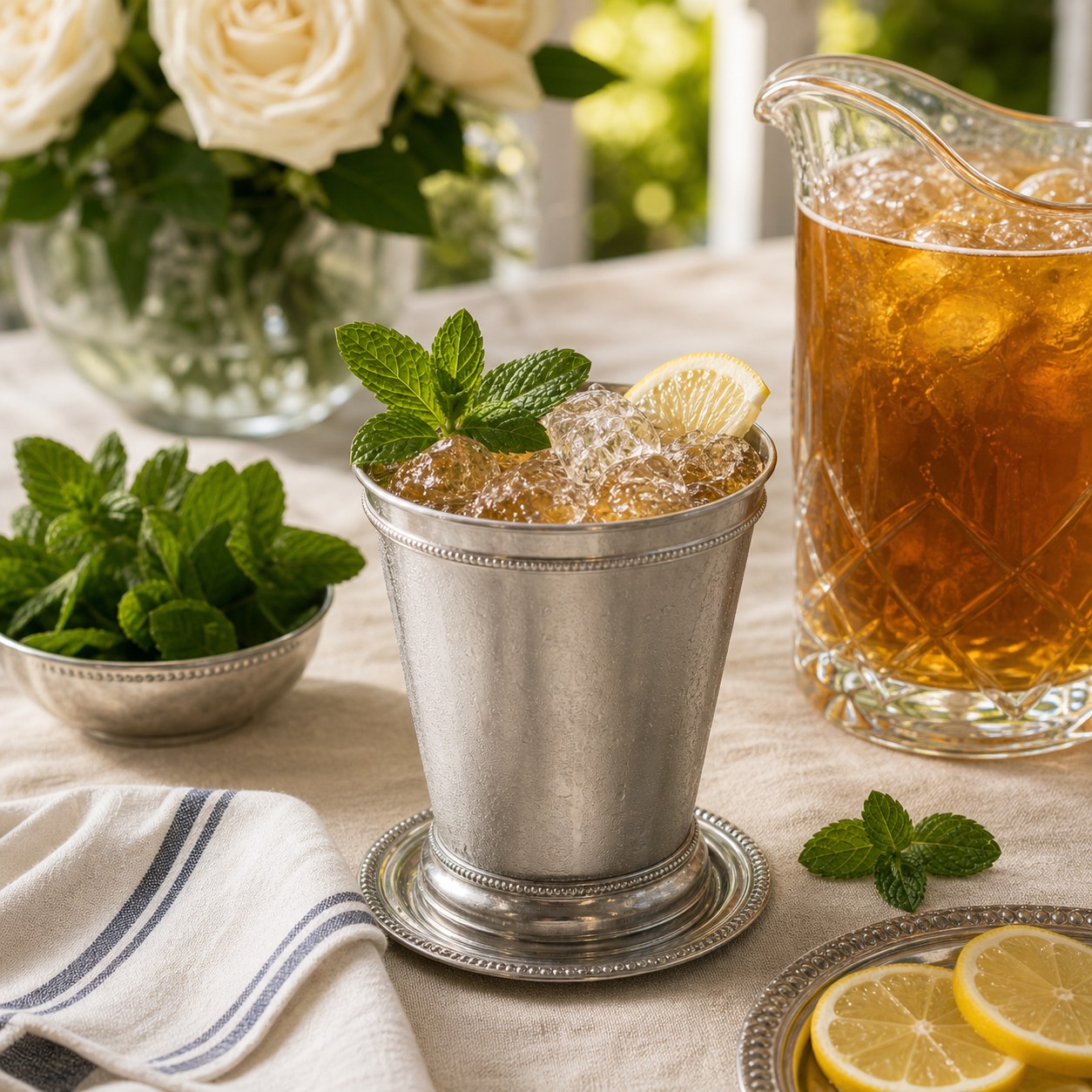 Alcohol-free mint julep in a silver cup with crushed ice, fresh mint, lemon, and iced tea pitcher