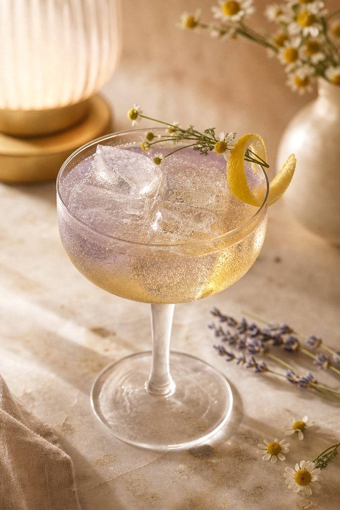 Finished soft lavender-gold chamomile bedtime mocktail in a glass with a lemon twist and chamomile flowers under warm lamp light