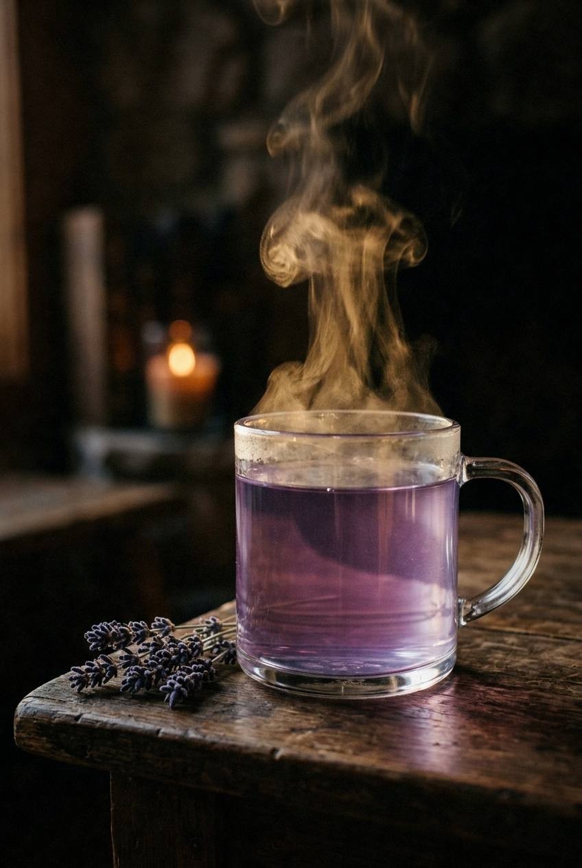 Bundles of dried lavender tied with twine on a linen cloth beside small glass bottles of lavender tea