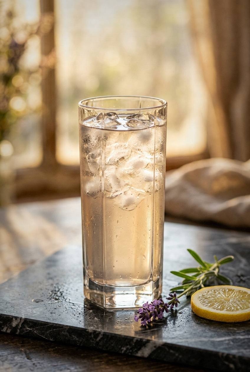 A clear glass mug of lavender tea with dried lavender buds floating on top, honey dipper resting on the rim