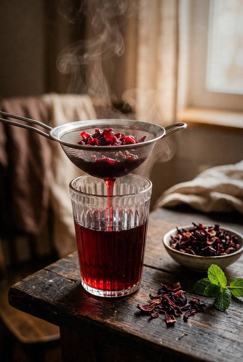 Dried hibiscus flowers, lavender sprigs, lemon, and sparkling water ingredients for botanical mocktail