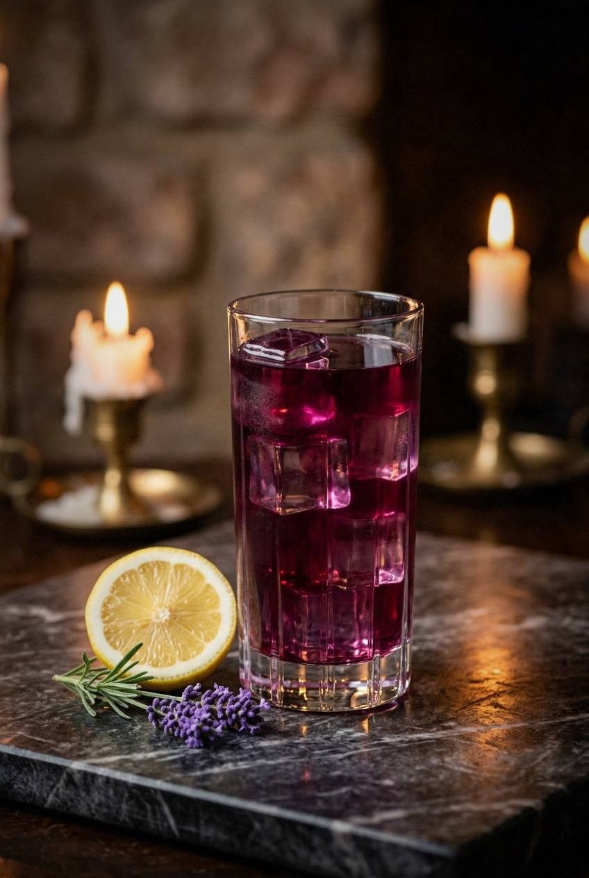 Deep ruby hibiscus tea being strained into glass with steam rising, dark moody background