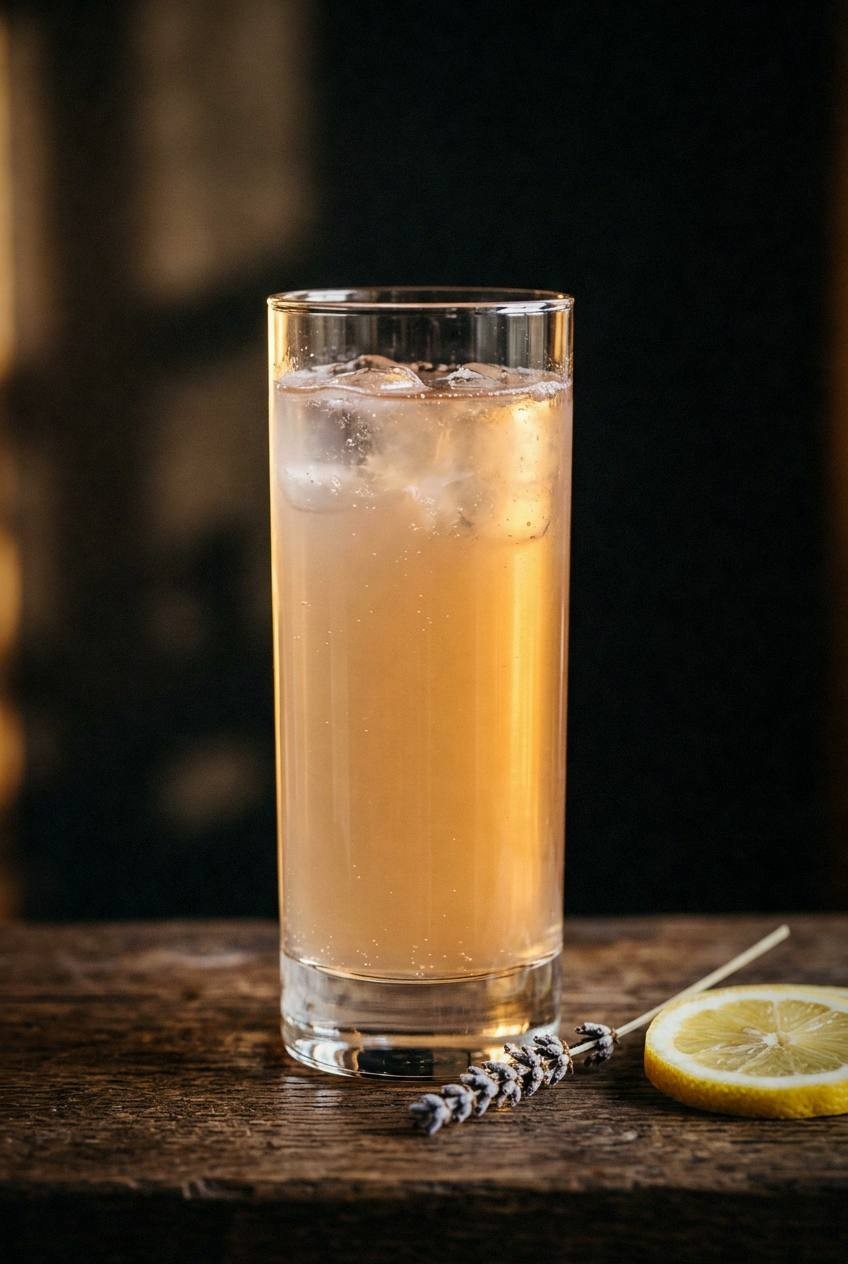 Raw honey being drizzled into a shaker with lavender syrup and fresh lemon juice over ice