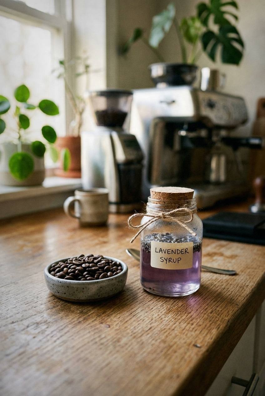 Cold brew coffee being poured over ice into a tall clear glass with a small jar of purple lavender syrup beside it on a bright marble surface