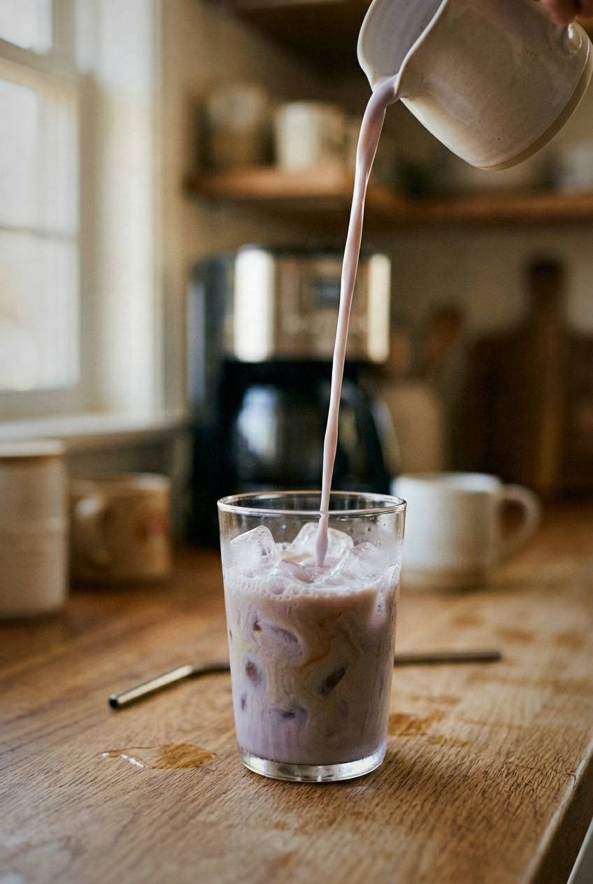 Iced lavender coffee in a tall clear glass showing layers of dark cold brew and white oat milk with ice cubes, a sprig of dried lavender beside the glass on a bright surface