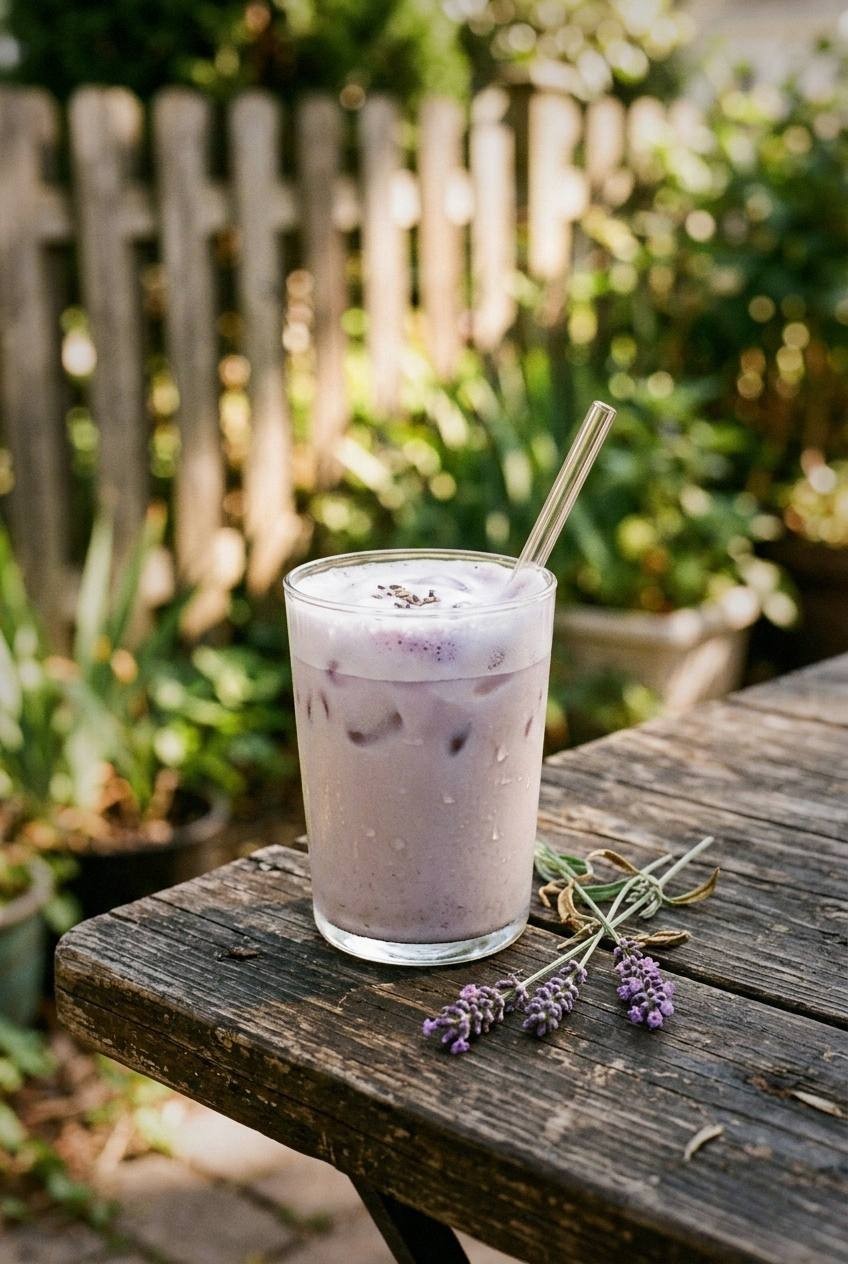 A top-down view of a lavender iced coffee in a clear glass showing swirled oat milk and dark coffee with ice, dried lavender buds scattered on a light wooden surface