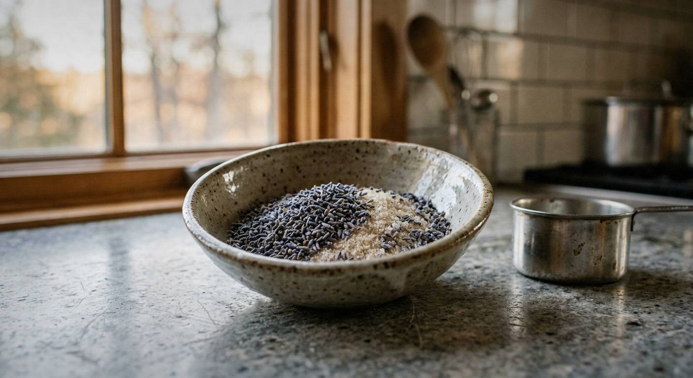 dried culinary lavender buds in glass jar with organic cane sugar and measuring spoons on white marble counter for homemade lavender simple syrup recipe