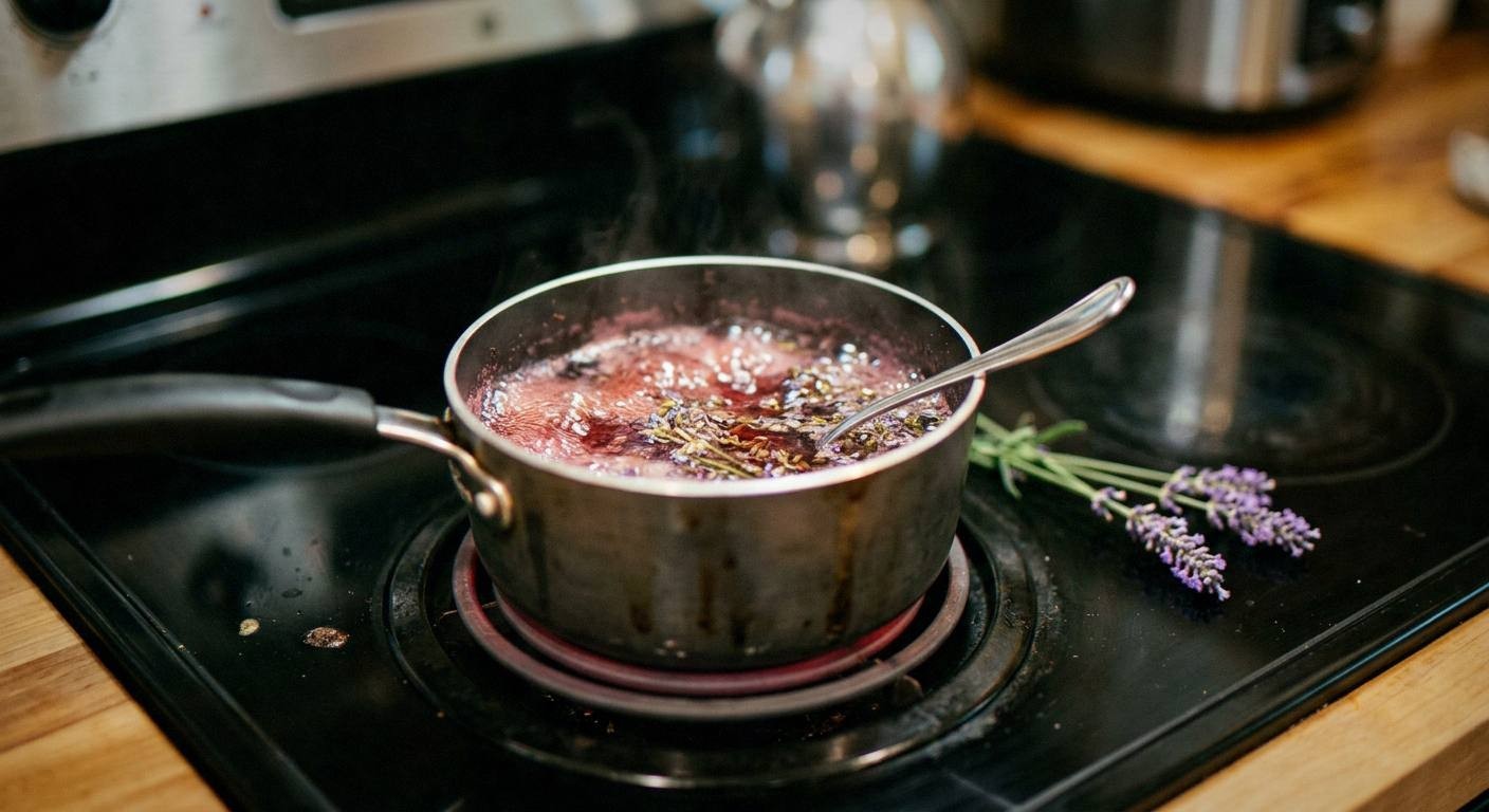 lavender simple syrup steeping in covered saucepan with purple lavender buds floating in clear sugar syrup for homemade flavored simple syrup