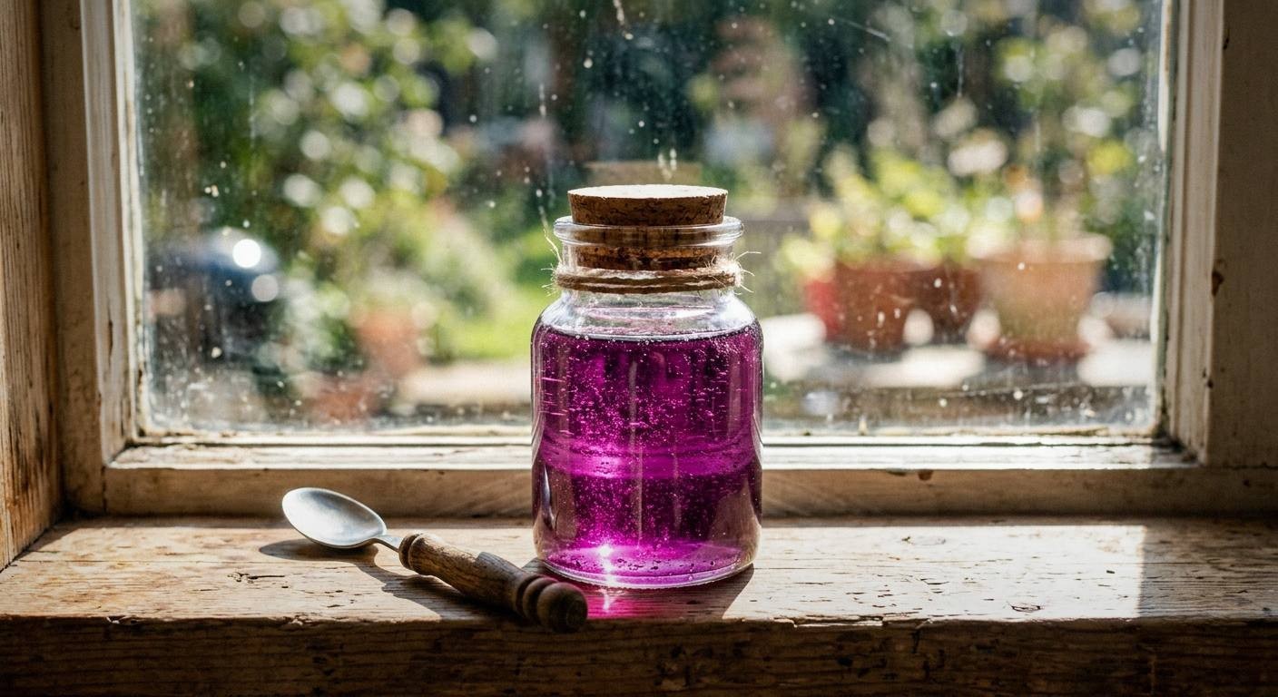 finished lavender simple syrup in clear glass bottle with purple tint next to fresh lavender sprigs and iced tea glass for spring mocktail recipes