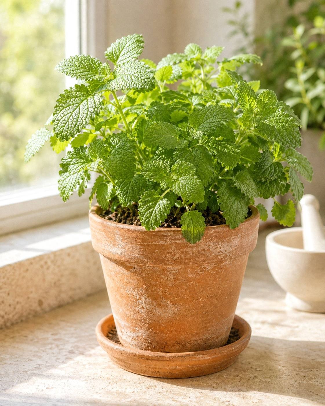 Fresh lemon balm leaves growing in a terracotta pot on a sunny windowsill