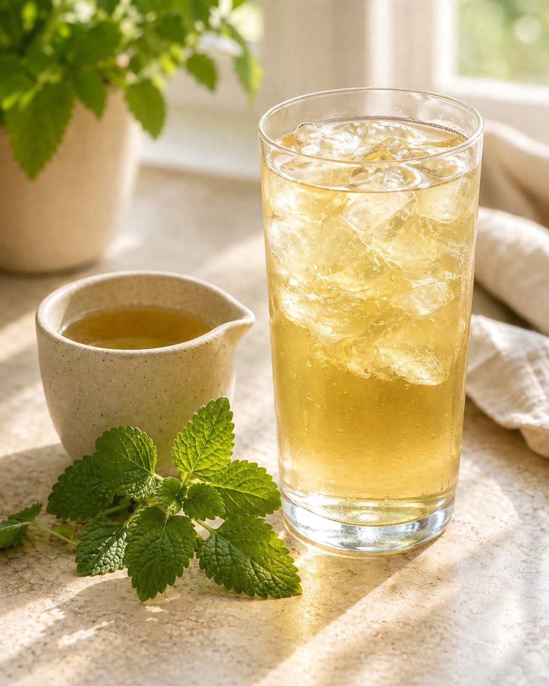 A tall glass of iced lemon balm tea with ice cubes and a lemon slice beside it on a marble surface