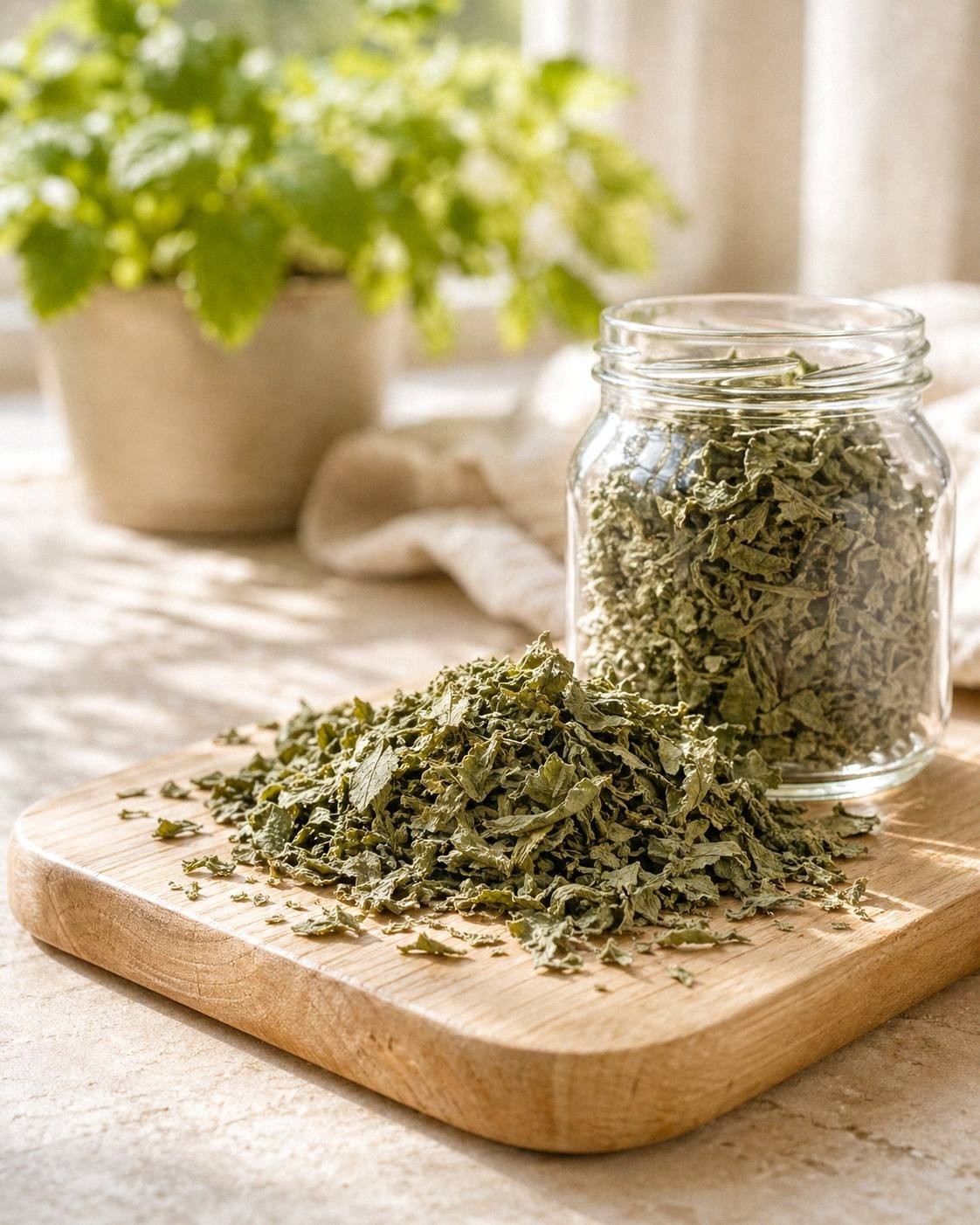 Dried lemon balm leaves on a wooden cutting board beside a small glass jar of dried herb