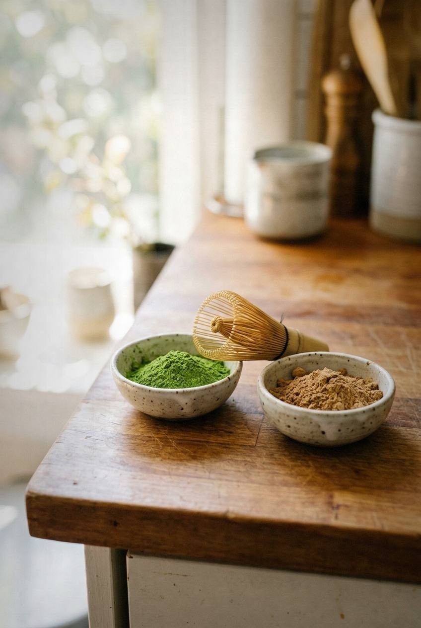 Ceremonial matcha powder and lion's mane mushroom extract powder being sifted together into a ceramic bowl, with a bamboo whisk and a small jar of oat milk on a bright surface