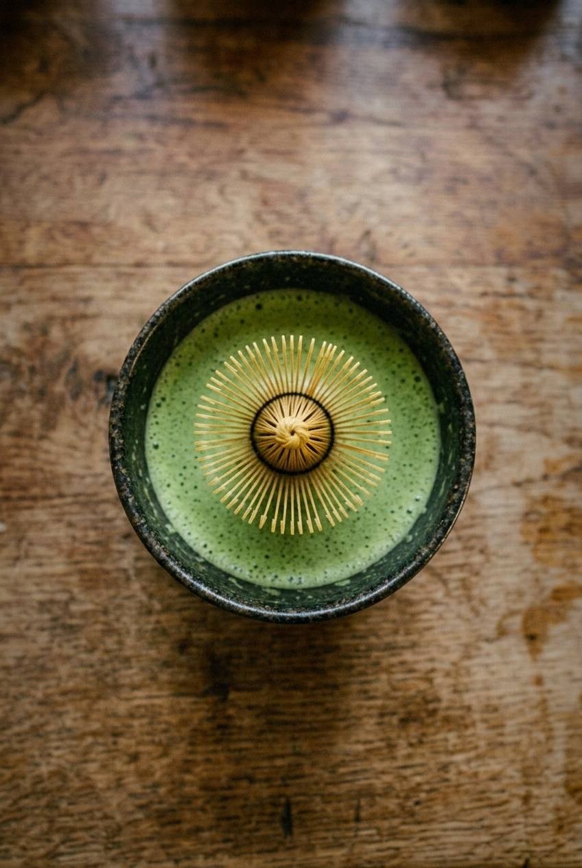 Iced lion's mane matcha latte in a tall clear glass showing bright green matcha layered over white oat milk with ice cubes, bright natural light setting