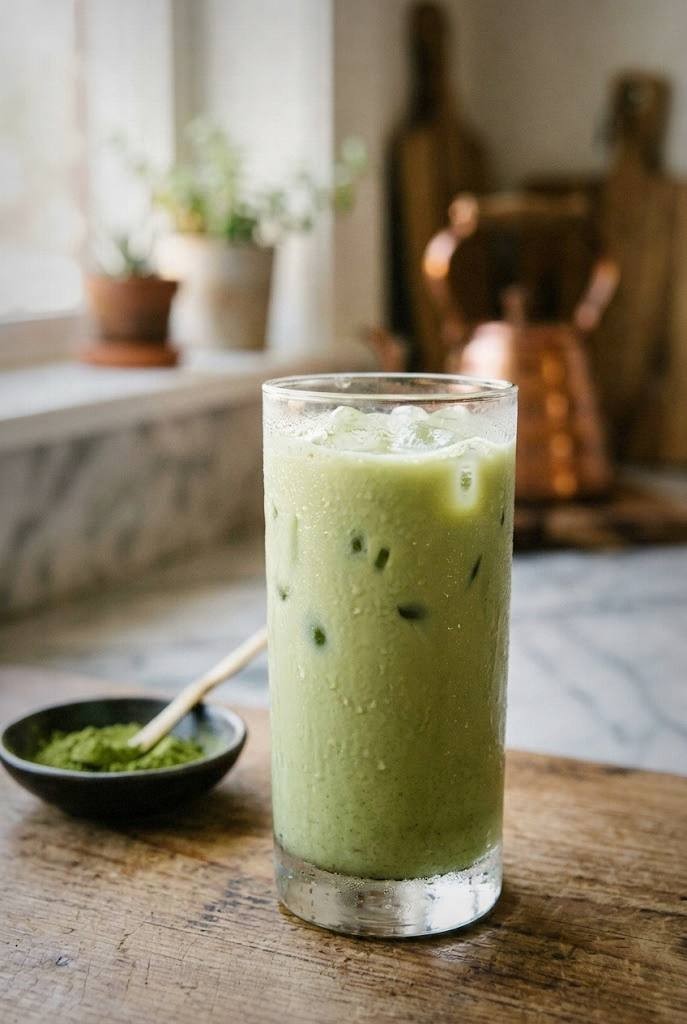A top-down view of an iced lion's mane matcha latte in a clear glass with green matcha swirled through white milk, a bamboo whisk and lion's mane powder jar beside it