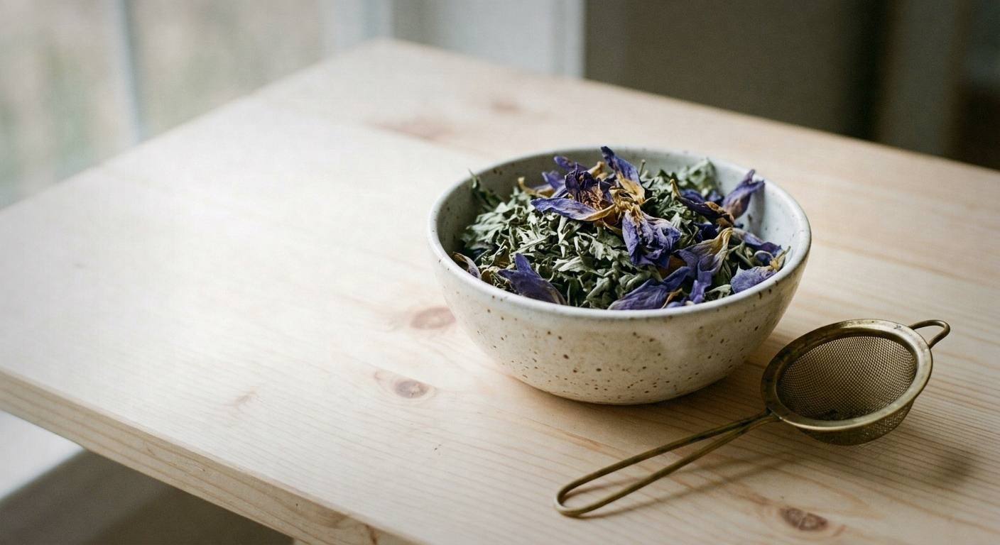 Dried mugwort leaves and blue lotus petals in small bowls on wooden table for lucid dream tea recipe