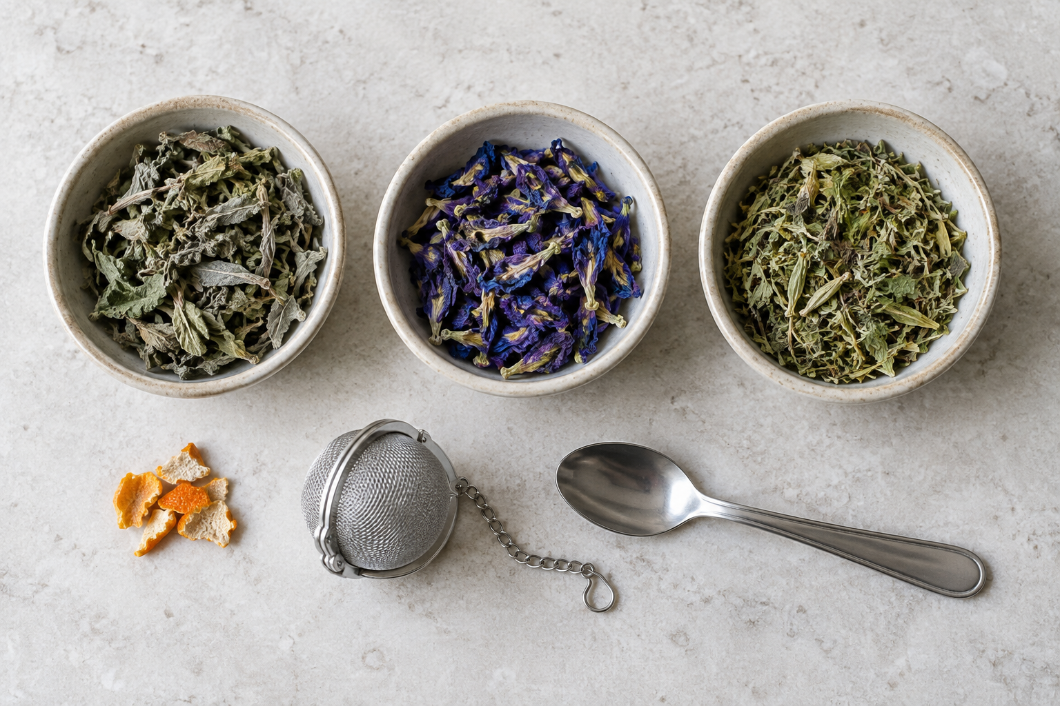 Separate measured portions of dried mugwort, blue lotus petals, passionflower and orange peel beside a tea infuser