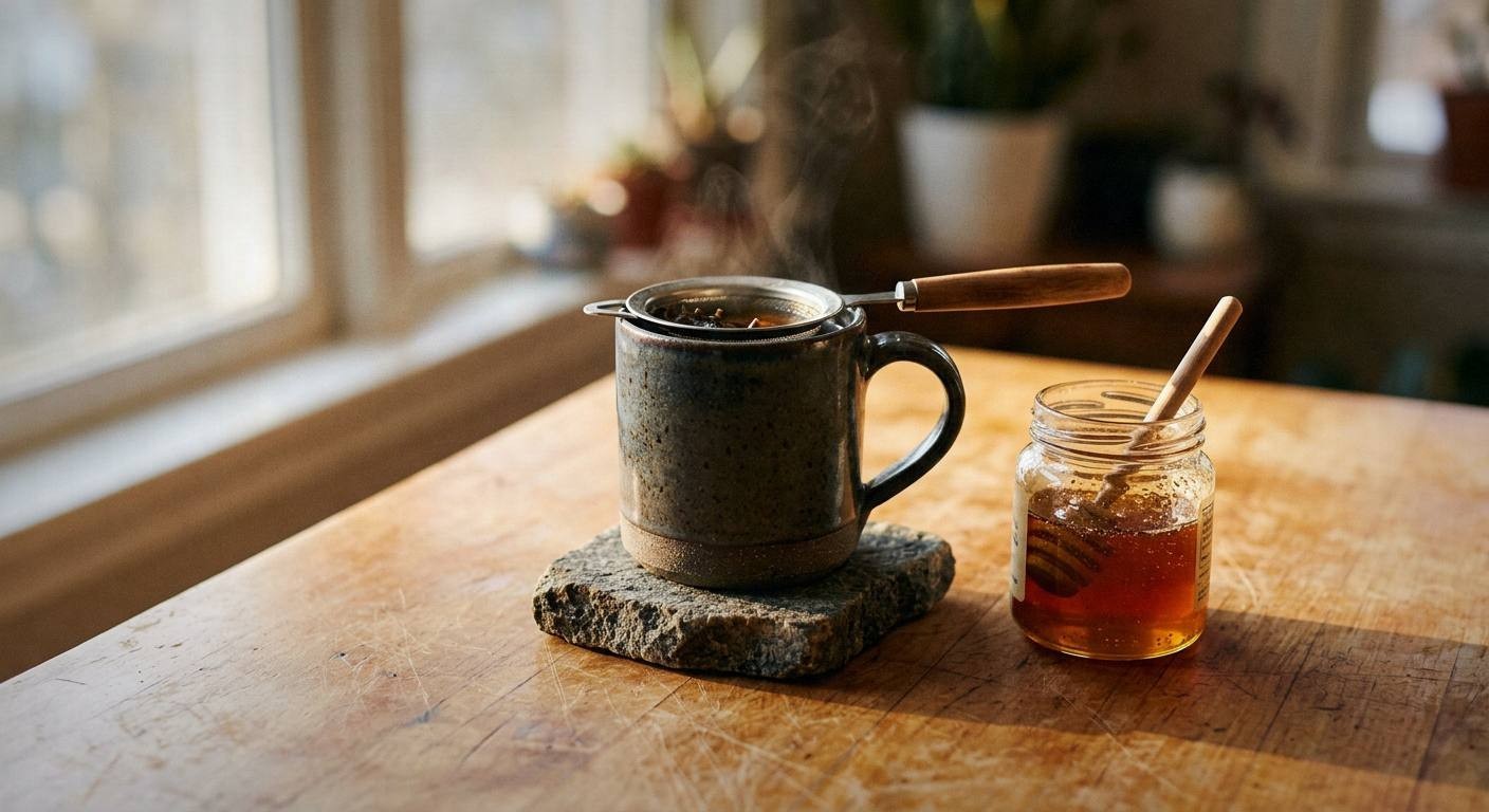 Steeping mugwort dream tea in covered glass teapot showing dark amber liquid and floating herbs