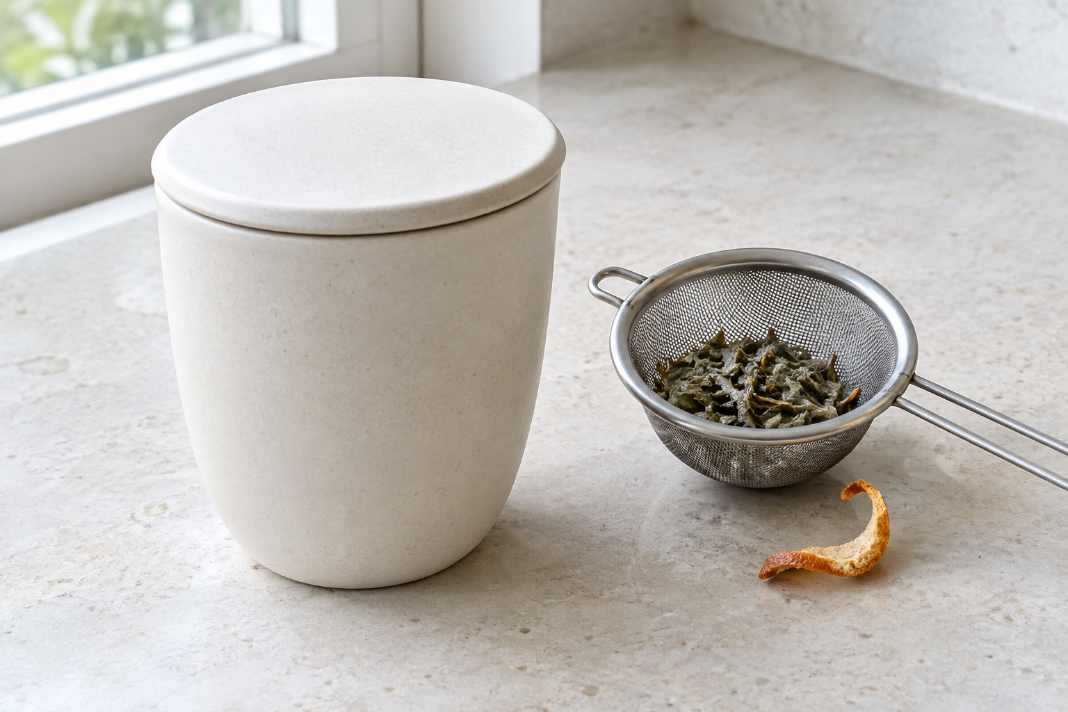 Covered ceramic cup beside a fine mesh strainer holding drained herbs