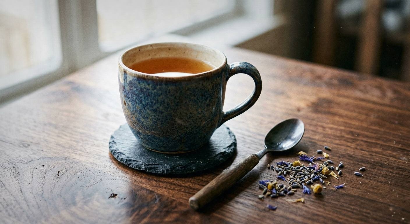 Cup of lucid dream tea with mugwort and blue lotus beside dream journal and pen on nightstand