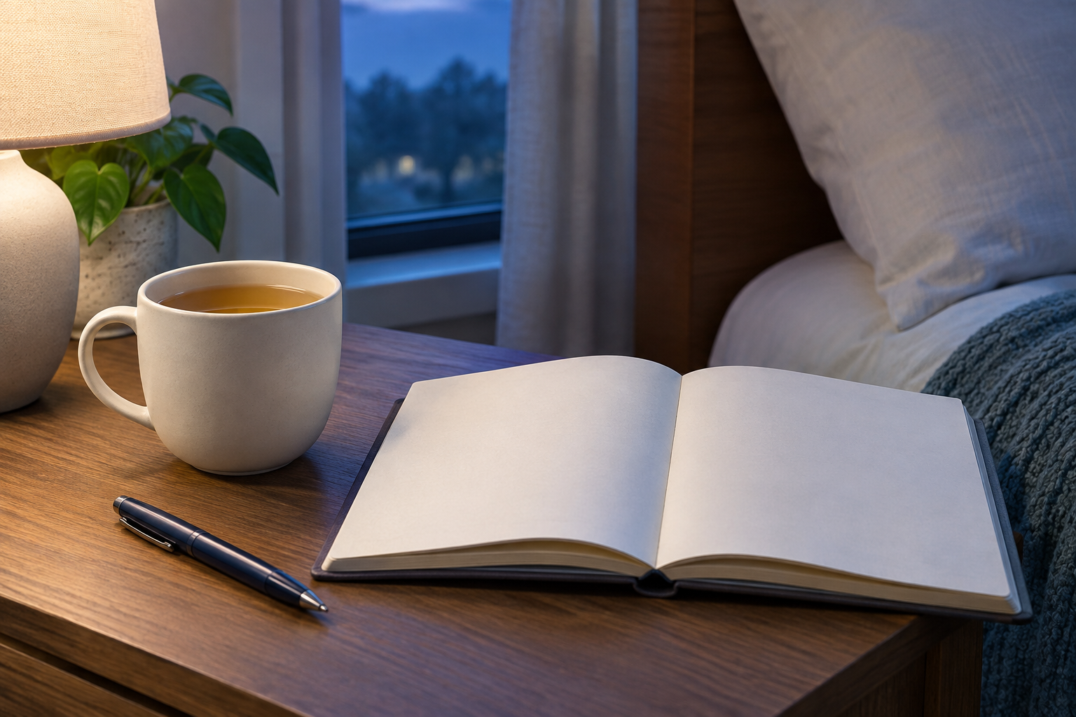 Finished cup of amber herbal tea beside an open blank dream journal and pen on a clear bedside table