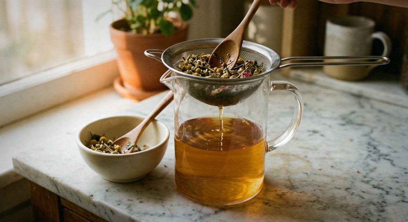 Hands straining magnesium herbal tea through cheesecloth into glass pitcher with visible pale green liquid and herb sediment