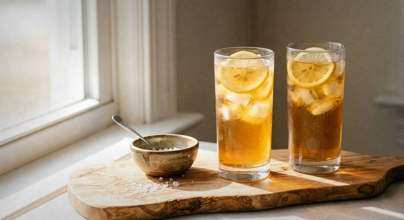 Two tall glasses of magnesium herbal iced tea with ice cubes, fresh lemon slices, and mint garnish on outdoor table with spring sunlight and condensation on glasses