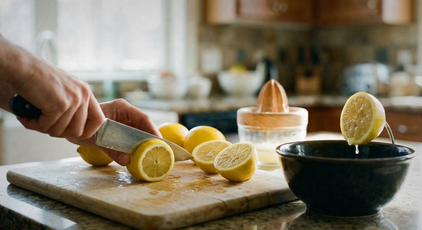 Fresh lemons being juiced next to dried lavender buds and mint leaves for homemade botanical lemonade recipe