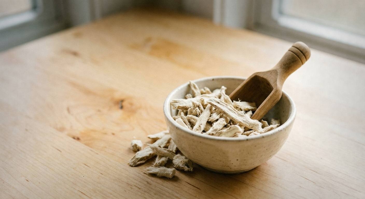 Dried marshmallow root pieces, chamomile flowers, and crushed fennel seeds arranged on a white marble surface with a glass jar of cold water for making mallow tea