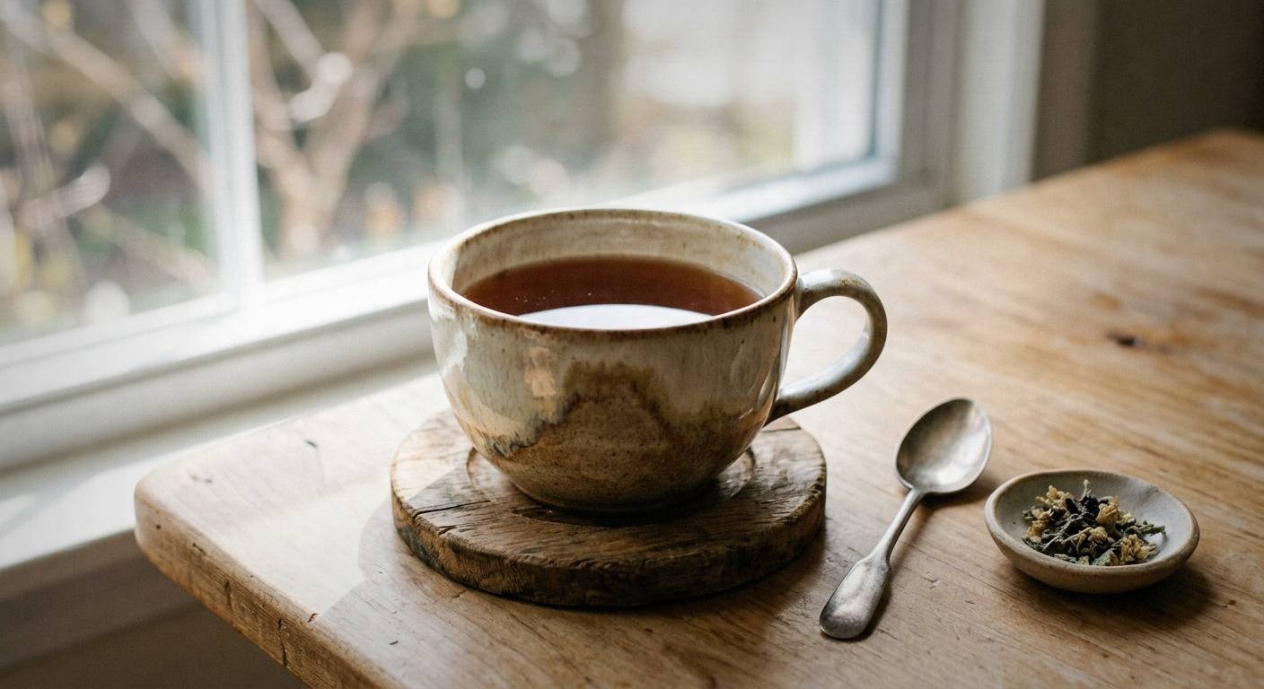 Two glass cups filled with pale cloudy mallow tea garnished with fresh lemon balm leaves on a wooden tray, showing the silky texture of marshmallow root tea