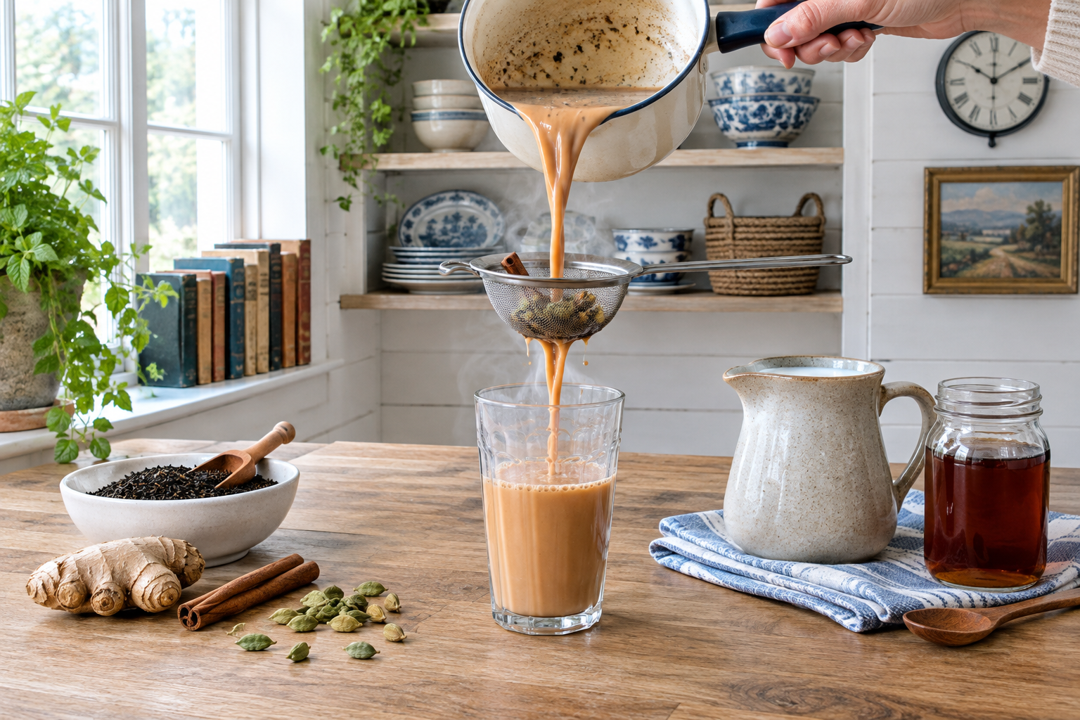 milk being poured into spiced black tea in a saucepan, liquid in motion