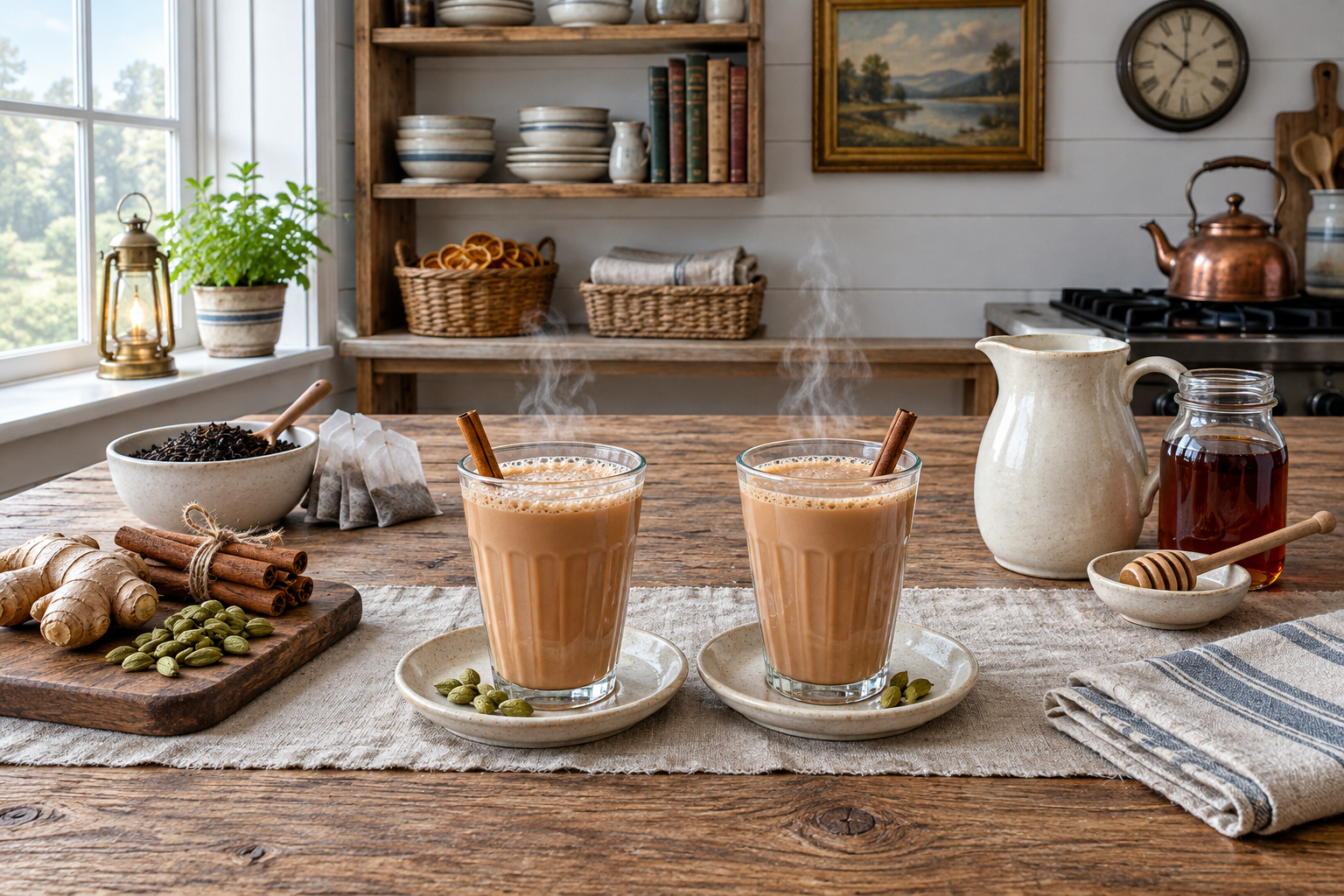 two servings of masala chai in clear glasses on a table