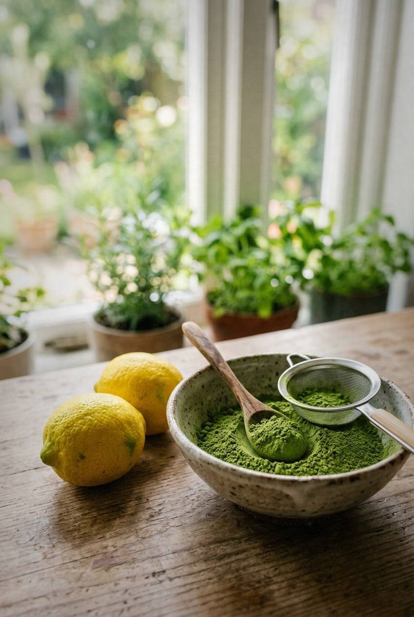 Ceremonial matcha powder being whisked in a small bowl with warm water, a bamboo chasen whisk creating frothy green foam, lemons and a tall glass with ice visible on a bright surface
