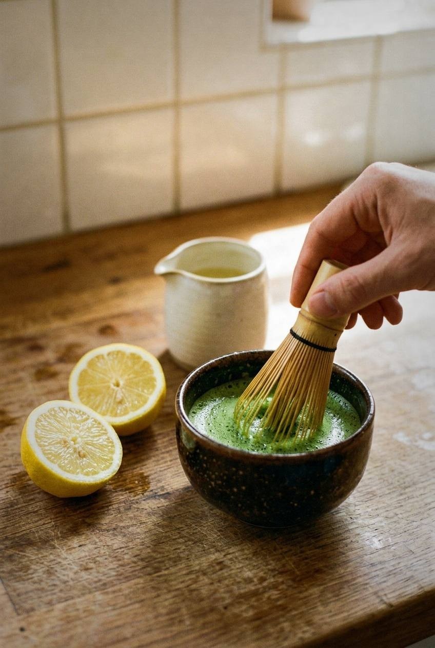 Iced matcha lemonade in a tall clear glass showing vivid green color with ice cubes and a lemon slice, fresh lemons and matcha powder visible on a bright surface