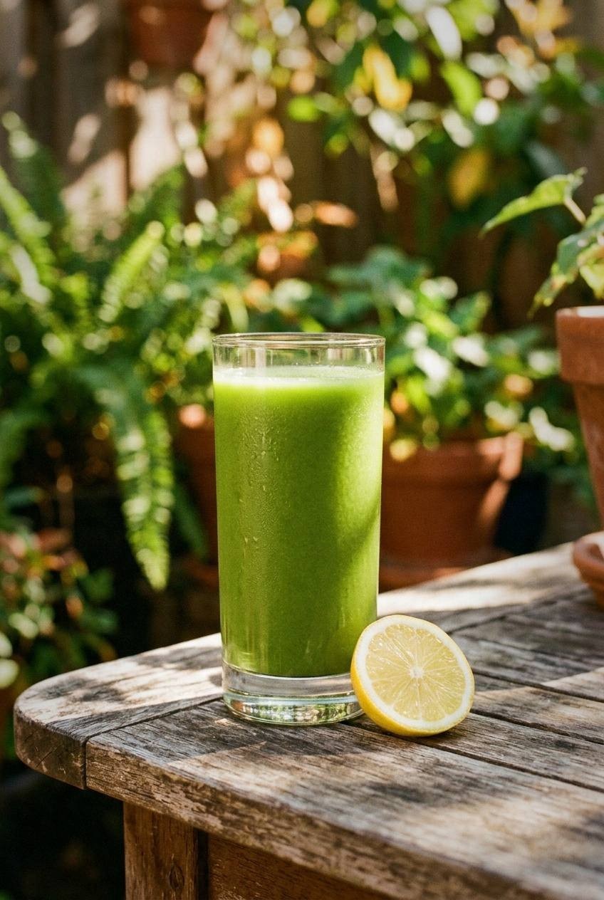 A top-down view of a bright green matcha lemonade in a clear glass with ice, a small bowl of matcha powder and cut lemons arranged on a light wooden surface in natural light