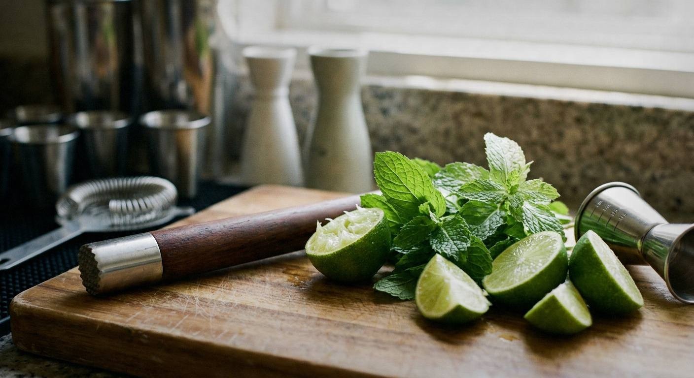 Fresh mint leaves and lime wedges on white marble with white rum bottle and sugar for classic mojito cocktail recipe