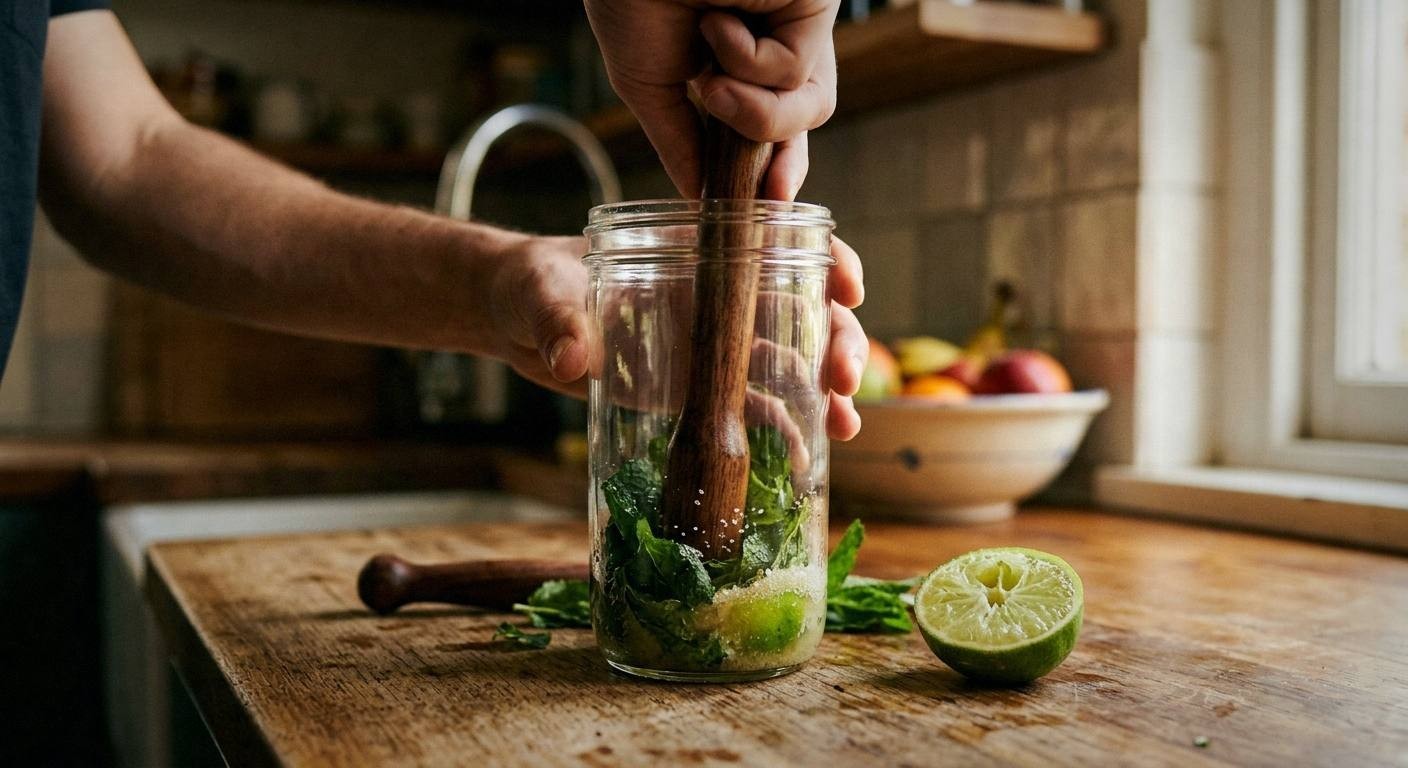 Muddling fresh mint leaves with sugar and lime juice in tall glass for mojito cocktail preparation step by step