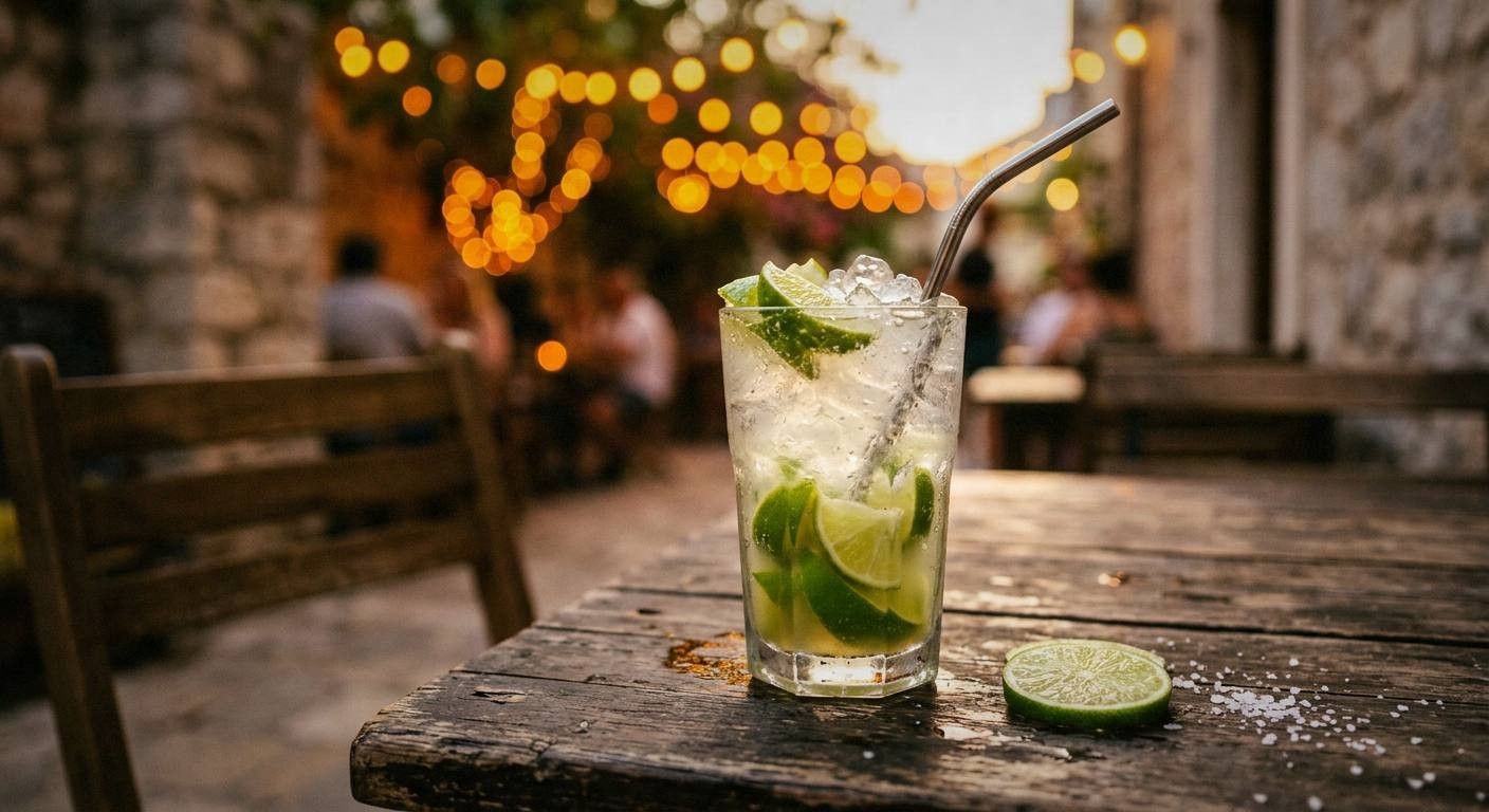 Finished mint mojito cocktail with white rum in tall glass with crushed ice fresh mint sprig and lime wheel garnish on wooden table