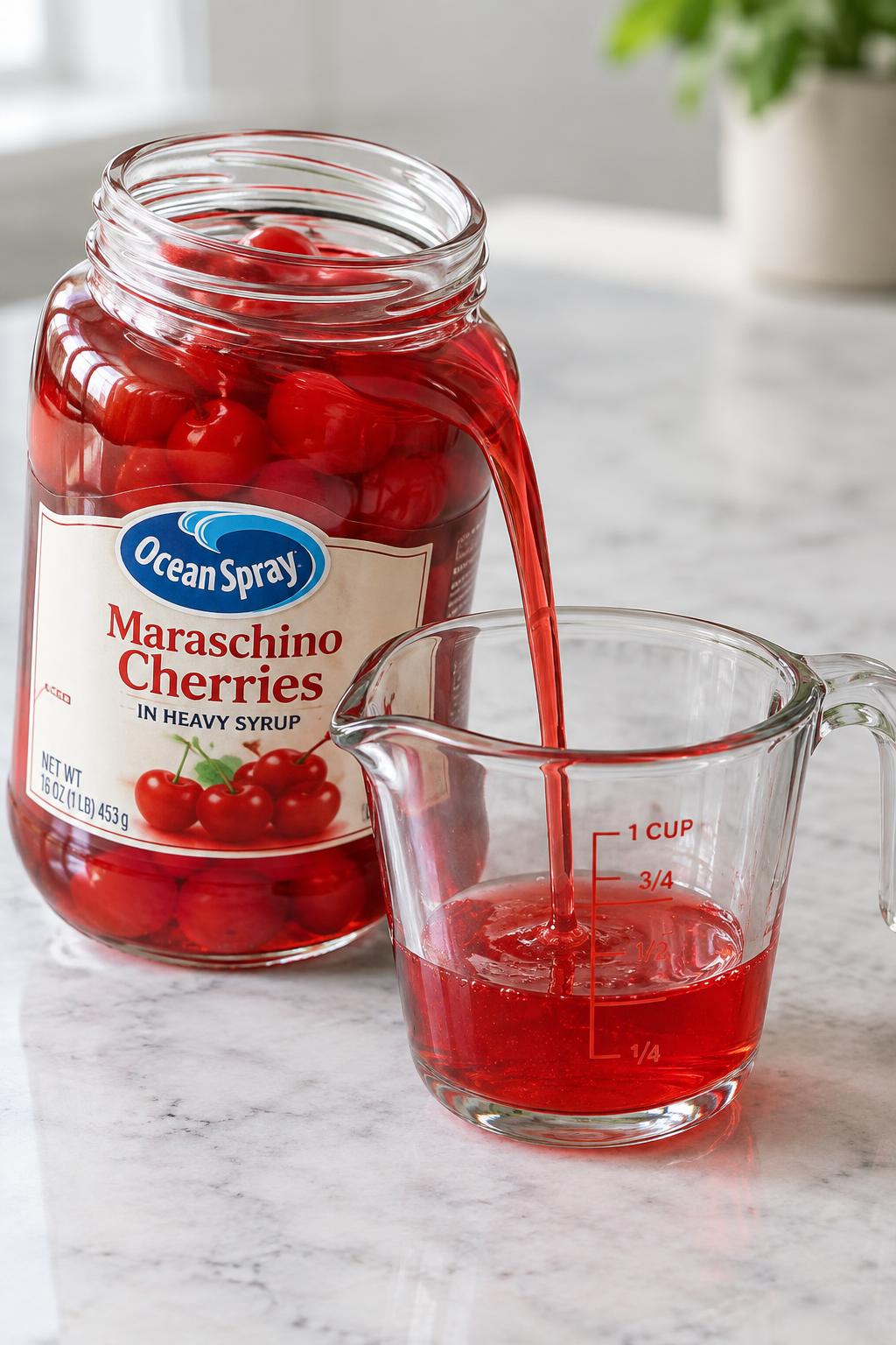 a jar of maraschino cherries with the syrup being spooned out into a measuring cup