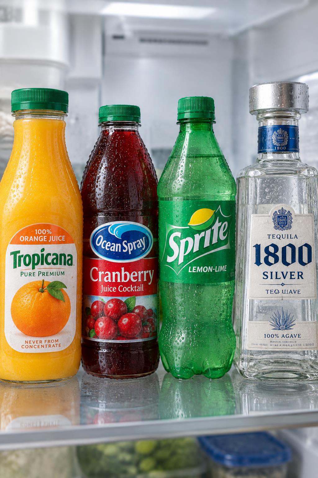 bottles of orange juice, cranberry juice, lemon lime soda and tequila lined up in a refrigerator