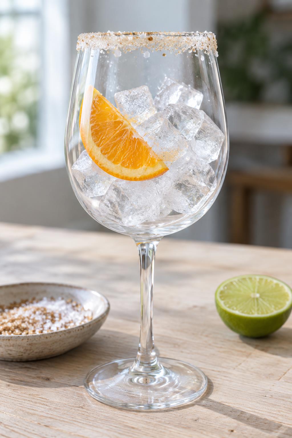 a wine glass rimmed with sugar and salt, filled with ice and an orange slice
