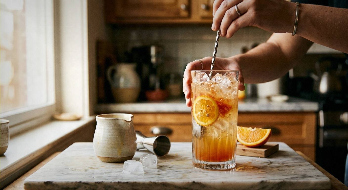 Hands muddling fresh strawberries and mint in glass with wooden muddler for easy mocktail recipe