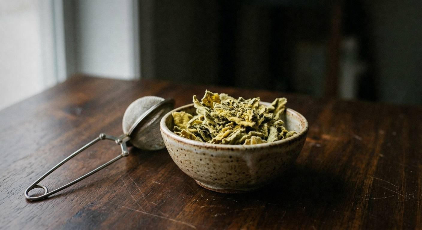 Dried mullein leaves in a white ceramic bowl on wooden table with fresh mullein flower spike, showing fuzzy grey-green leaves used for respiratory tea
