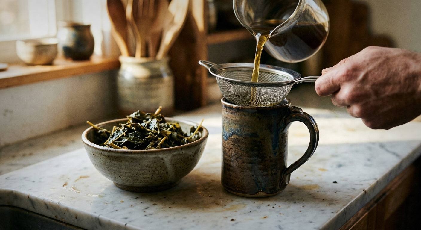 Steeping mullein tea in glass teapot with infuser showing golden-amber colored herbal tea for lung health and breathing support
