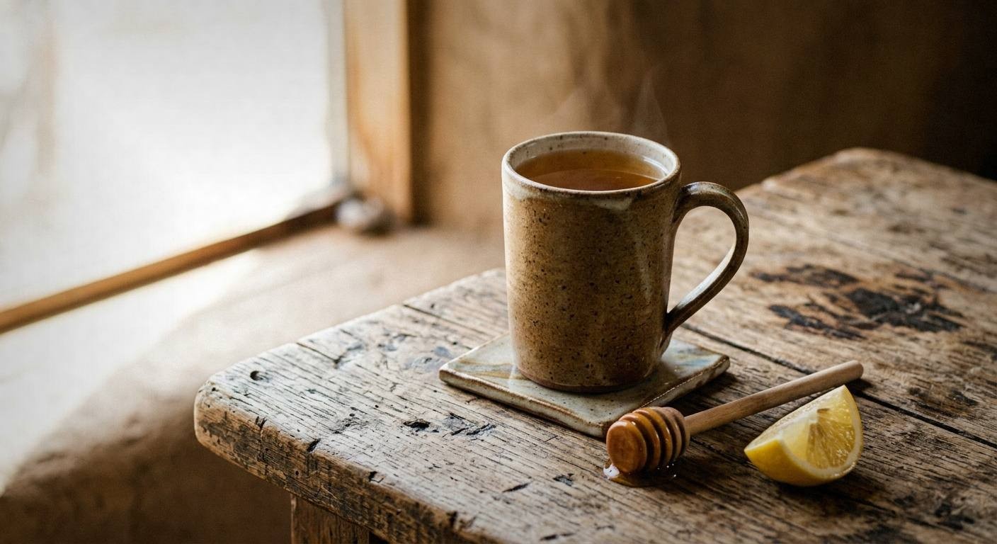 Finished mullein tea in clear glass mug with honey and lemon on wooden board, herbal lung tea for spring allergies and respiratory health