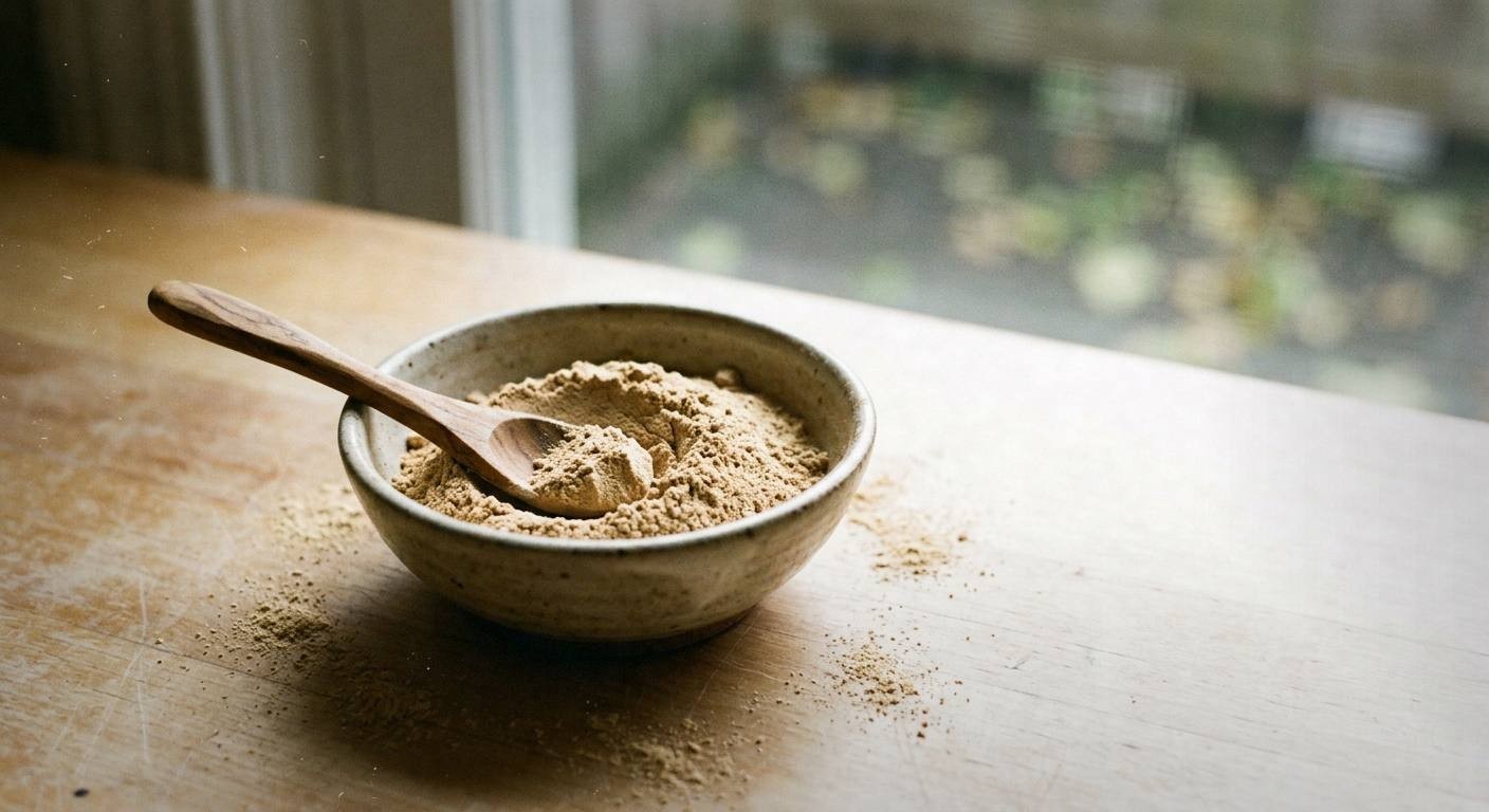 Lion's mane mushroom powder being stirred into hot water in a small ceramic bowl, showing the fine tan-colored powder dissolving into a smooth paste, wooden spoon on a light surface