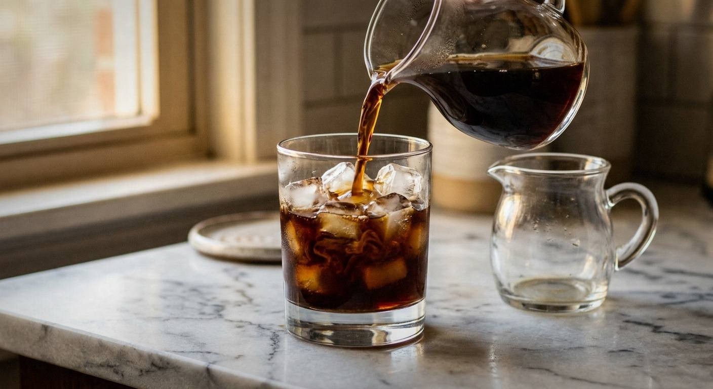 Iced mushroom coffee latte in a tall clear glass showing layers of cold brew and oat milk with ice cubes, a small jar of lion's mane mushroom powder beside the glass on a light marble surface