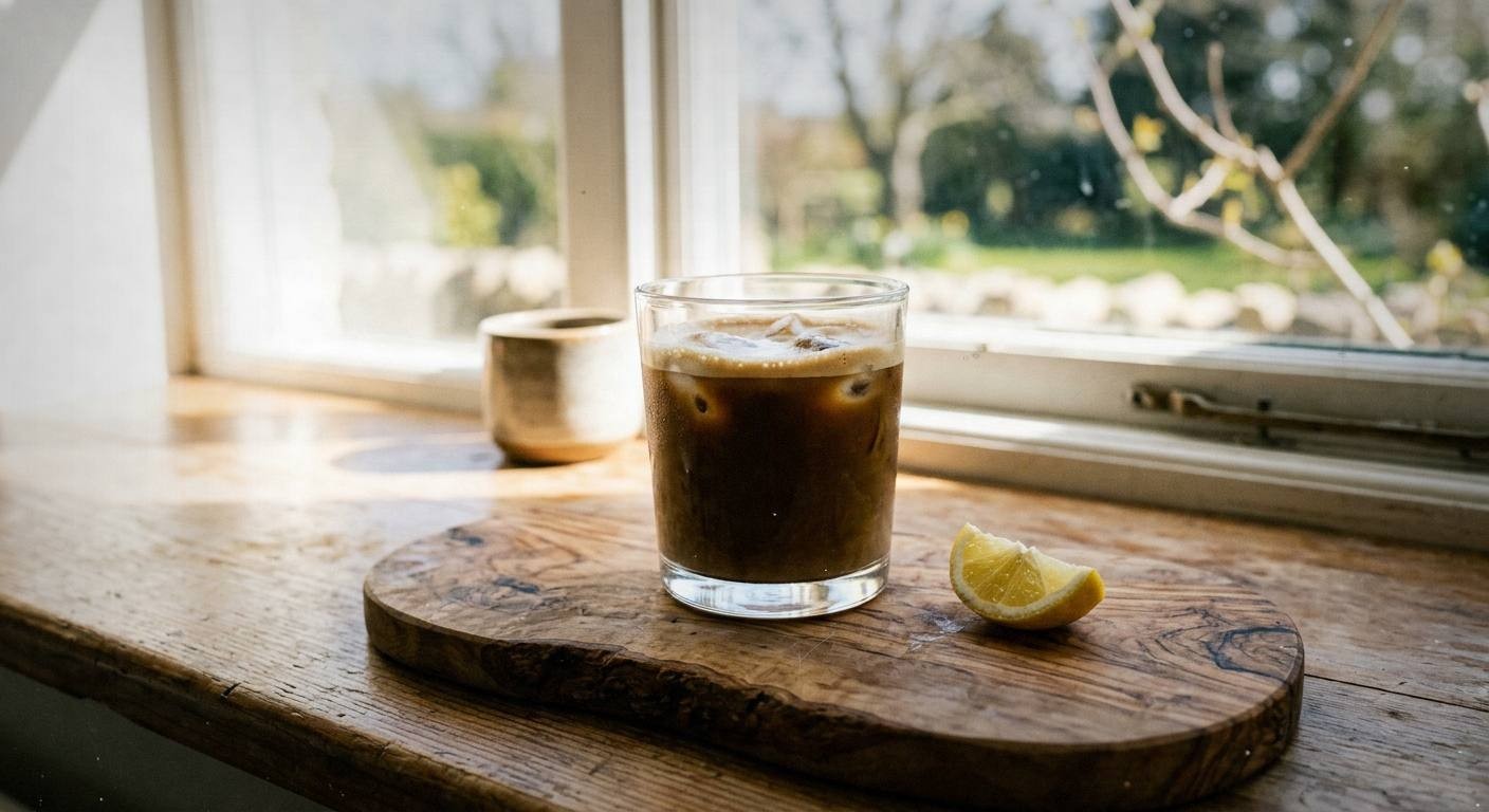 Finished iced mushroom coffee latte with a creamy swirl being stirred, a bag of lion's mane mushroom powder and a small wooden scoop visible beside the glass, bright natural light