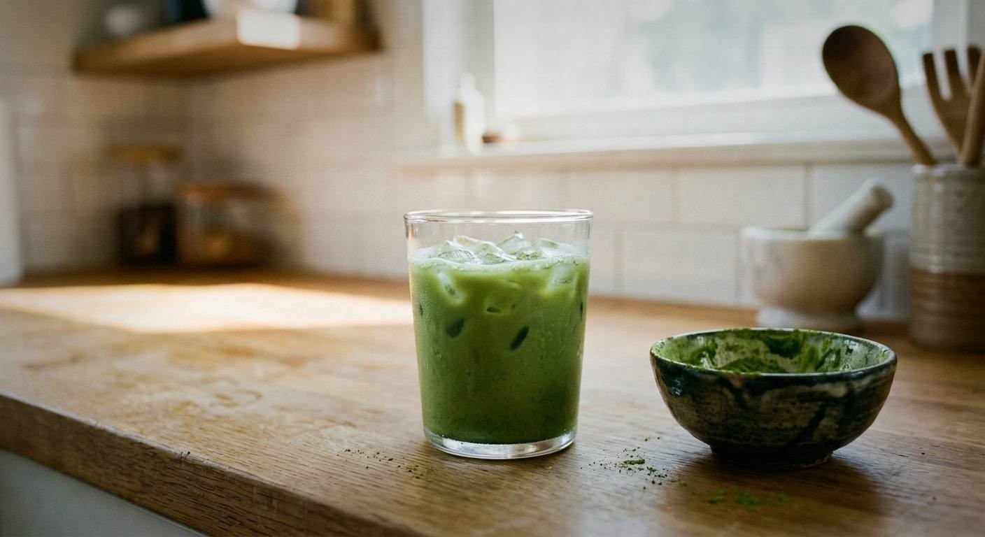 Matcha being whisked in a bowl beside milk